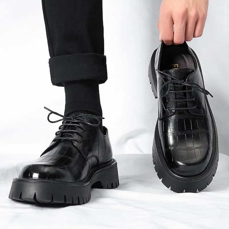 Men's Breathable Leather Wingtip Brogue Oxfords Mens Retro Comfortable Business Height Increasing Non-Slip Softsole Walking Printed