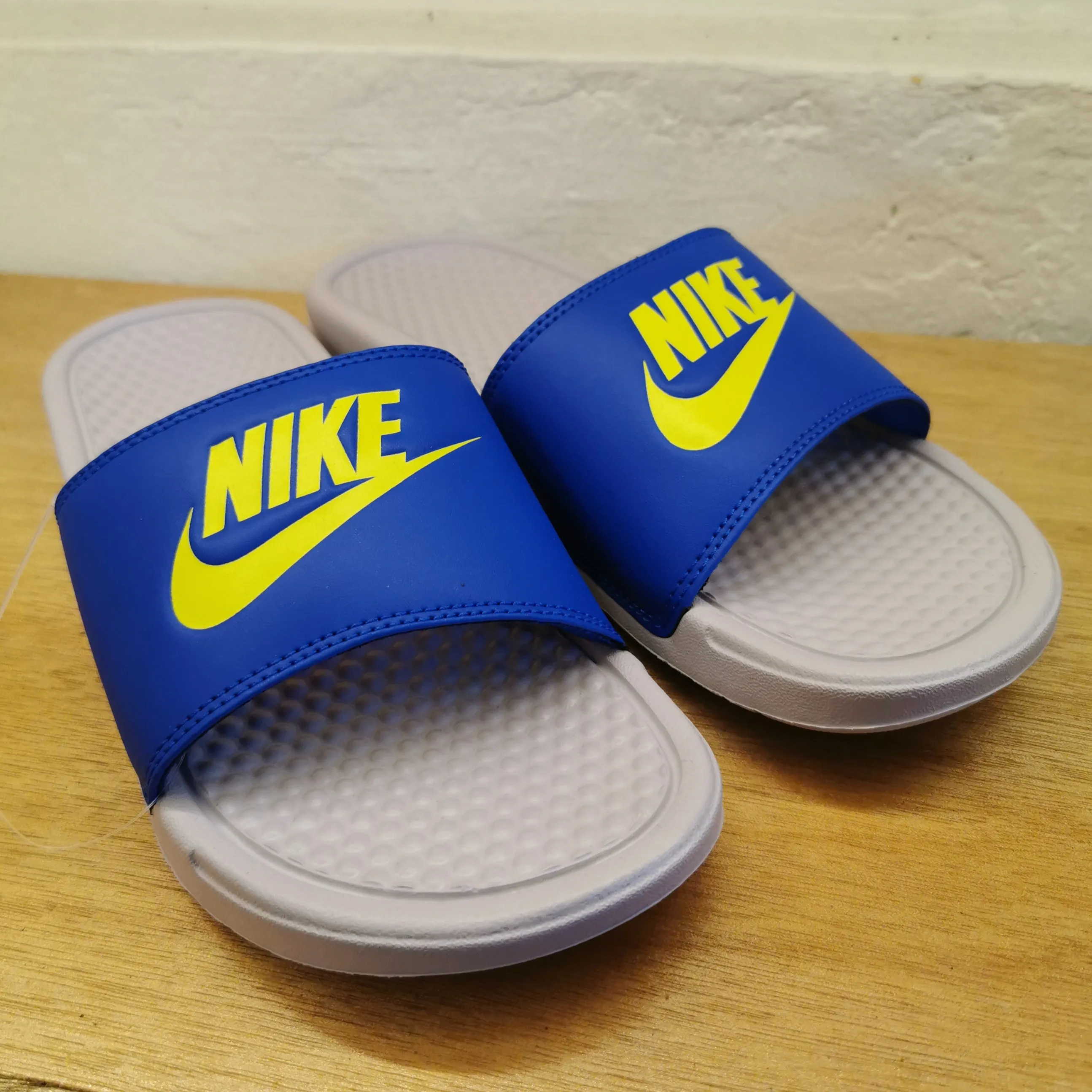 Men's Nike Benassi JDI Slides (Sky Grey/Bright Cactus/Hyper Royal)(343880-029)