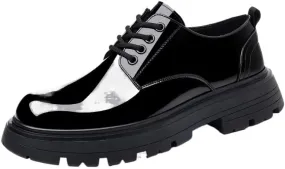 Men's Shiny Patent Leather Dress Shoes Comfortable Round Toe Flat Bottom Non-Slip Slip-On Driving Shoes