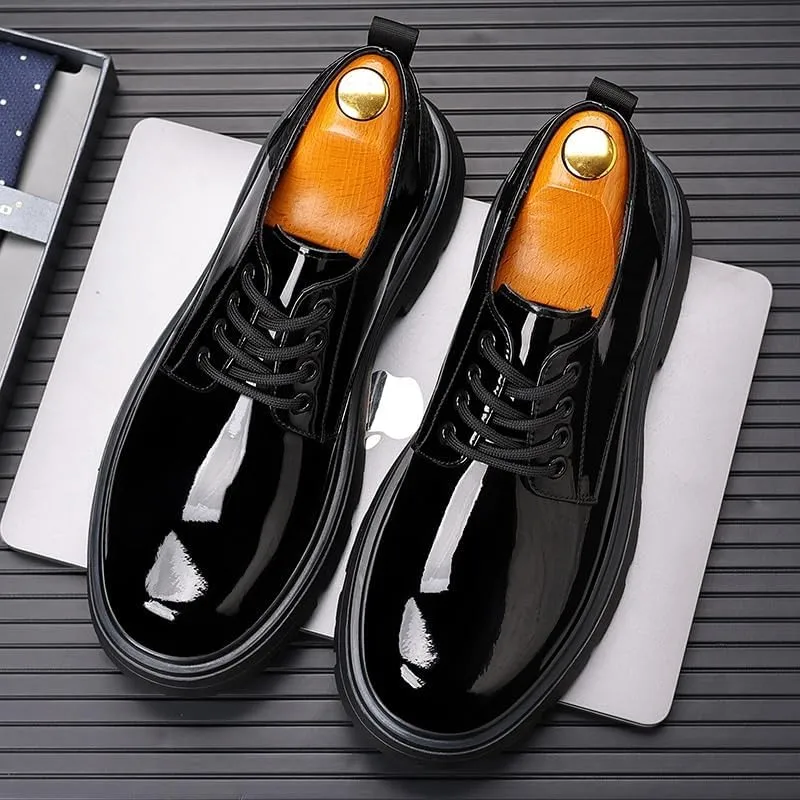 Men's Shiny Patent Leather Dress Shoes Comfortable Round Toe Flat Bottom Non-Slip Slip-On Driving Shoes