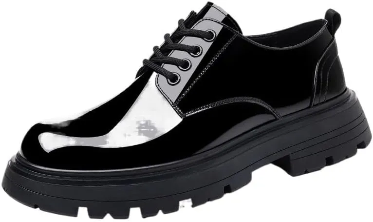 Men's Shiny Patent Leather Dress Shoes Comfortable Round Toe Flat Bottom Non-Slip Slip-On Driving Shoes