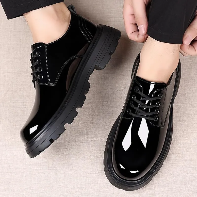 Men's Shiny Patent Leather Dress Shoes Comfortable Round Toe Flat Bottom Non-Slip Slip-On Driving Shoes