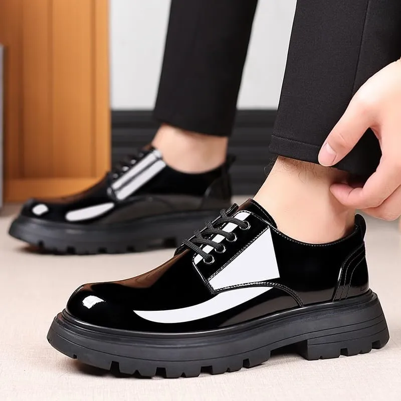 Men's Shiny Patent Leather Dress Shoes Comfortable Round Toe Flat Bottom Non-Slip Slip-On Driving Shoes