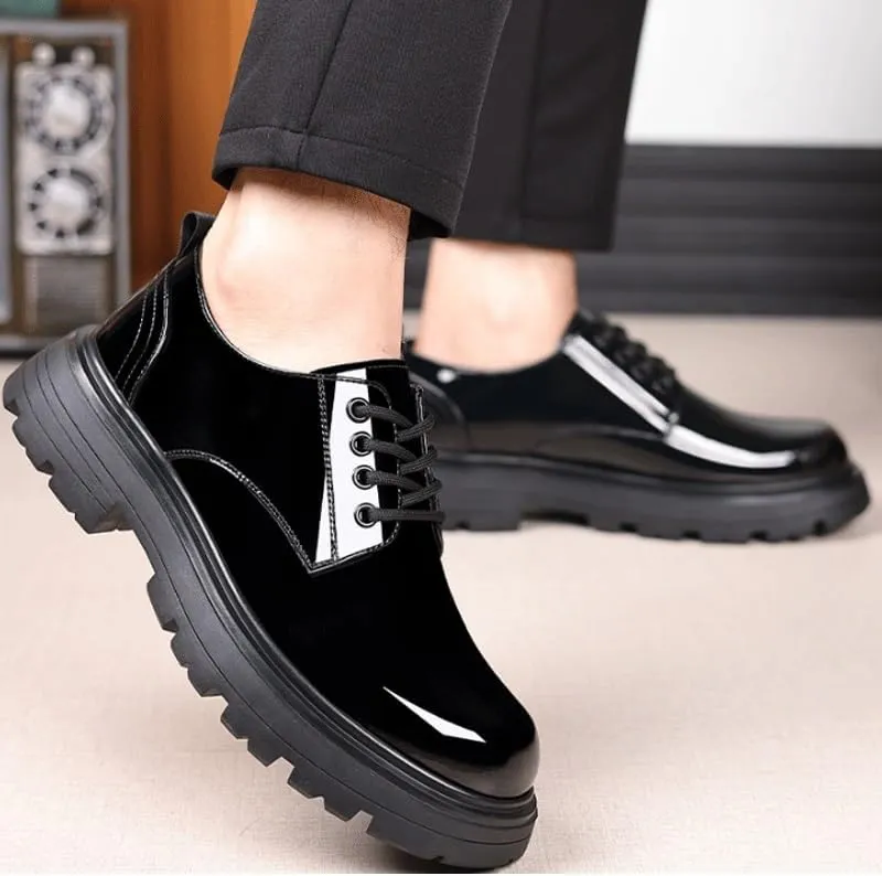 Men's Shiny Patent Leather Dress Shoes Comfortable Round Toe Flat Bottom Non-Slip Slip-On Driving Shoes