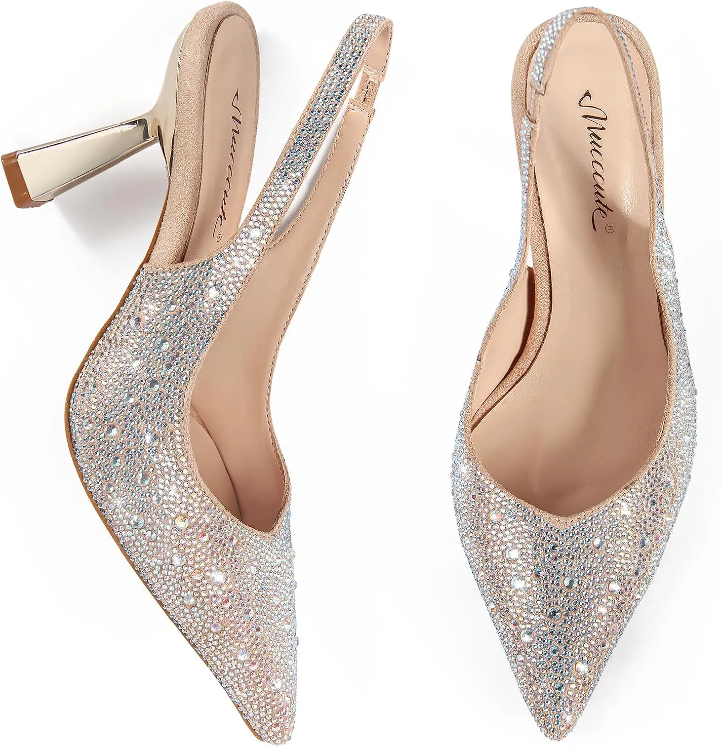 MUCCCUTE Kitten Heels for Women Slingback Heels Closed Toe Pumps Rhinestones Pearls Stiletto Sparkly Bridal Sandals for Wedding Prom Dating