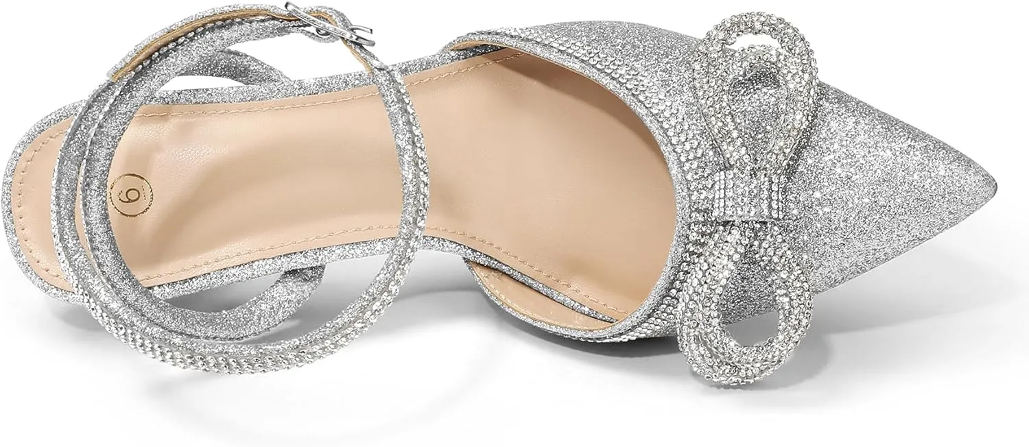 mysoft Women's Rhinestone Bow Pumps Wedding Dress Shoes Pointed Toe Ankle Strap Kitten Heels
