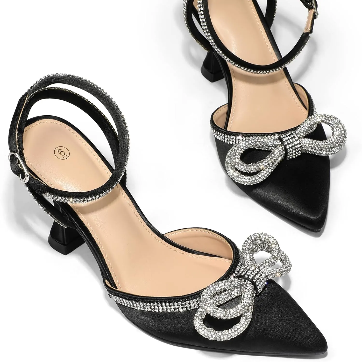 mysoft Women's Rhinestone Bow Pumps Wedding Dress Shoes Pointed Toe Ankle Strap Kitten Heels