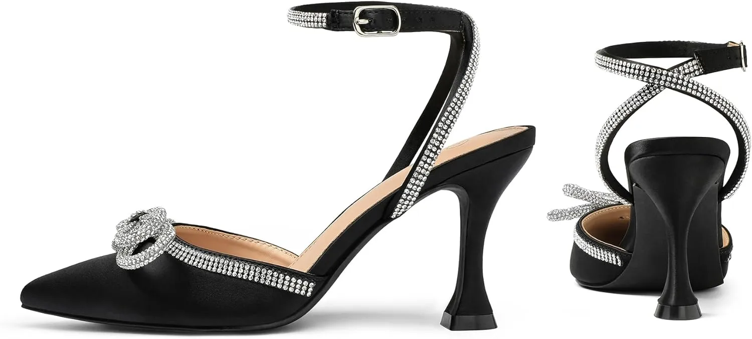 mysoft Women's Rhinestone Bow Pumps Wedding Dress Shoes Pointed Toe Ankle Strap Kitten Heels