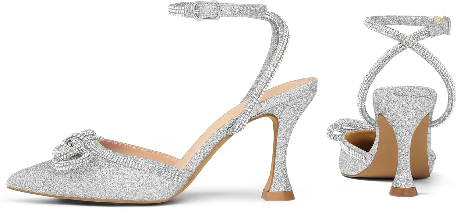 mysoft Women's Rhinestone Bow Pumps Wedding Dress Shoes Pointed Toe Ankle Strap Kitten Heels