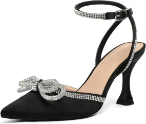 mysoft Women's Rhinestone Bow Pumps Wedding Dress Shoes Pointed Toe Ankle Strap Kitten Heels
