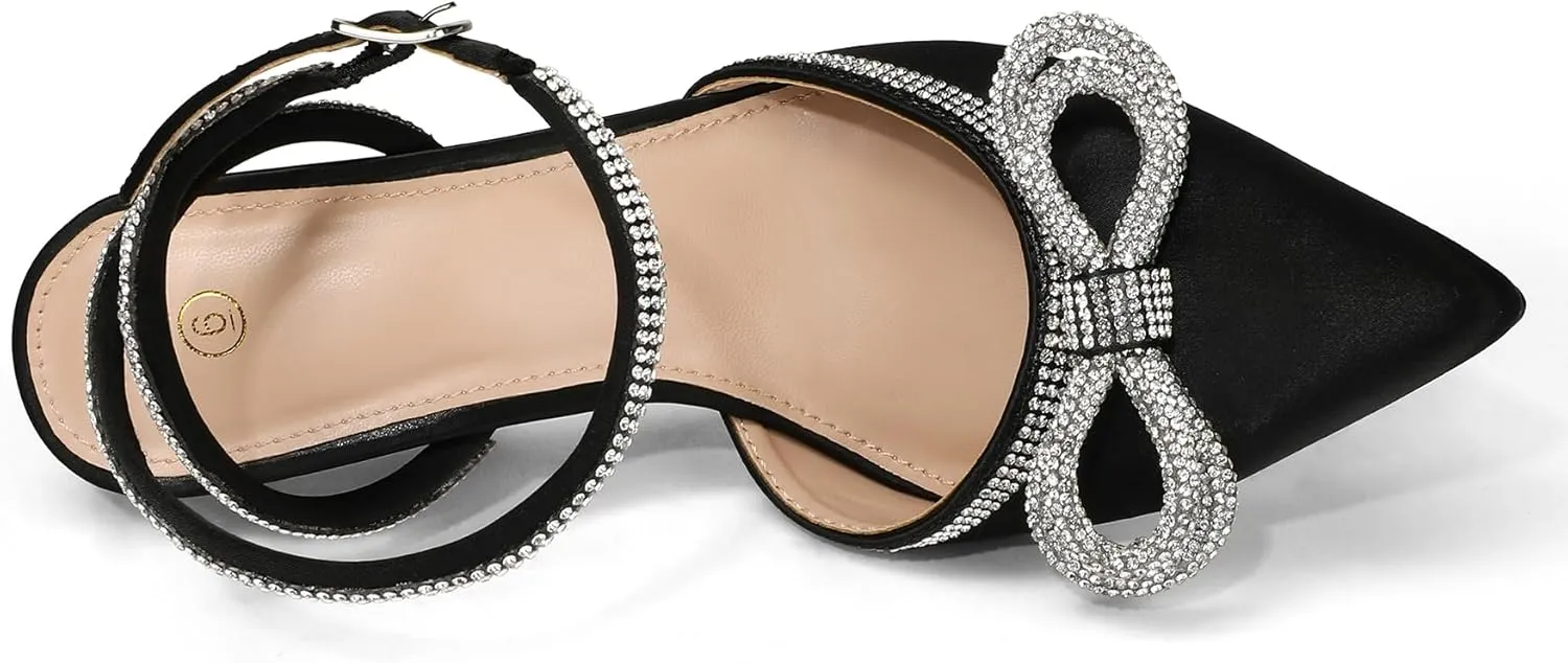 mysoft Women's Rhinestone Bow Pumps Wedding Dress Shoes Pointed Toe Ankle Strap Kitten Heels