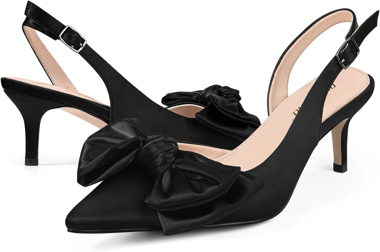 Ouepiano Kitten Heels with Bow - Slingback Pointed Toe Low Heels Adjustable Elastic Strap with Buckle Slip On Satin Pumps for Bridal Wedding Party