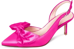 Ouepiano Kitten Heels with Bow - Slingback Pointed Toe Low Heels Adjustable Elastic Strap with Buckle Slip On Satin Pumps for Bridal Wedding Party