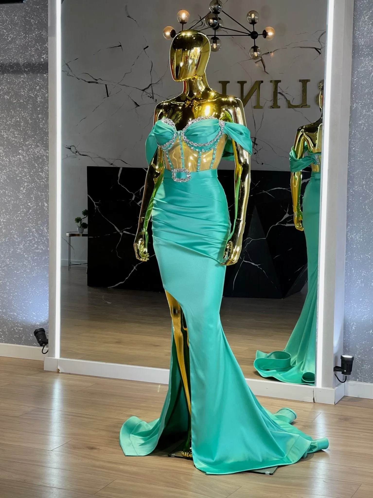 Rezen  Off-Shoulder Satin Dress with Gemstones