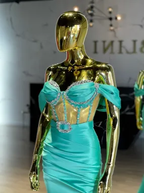 Rezen  Off-Shoulder Satin Dress with Gemstones