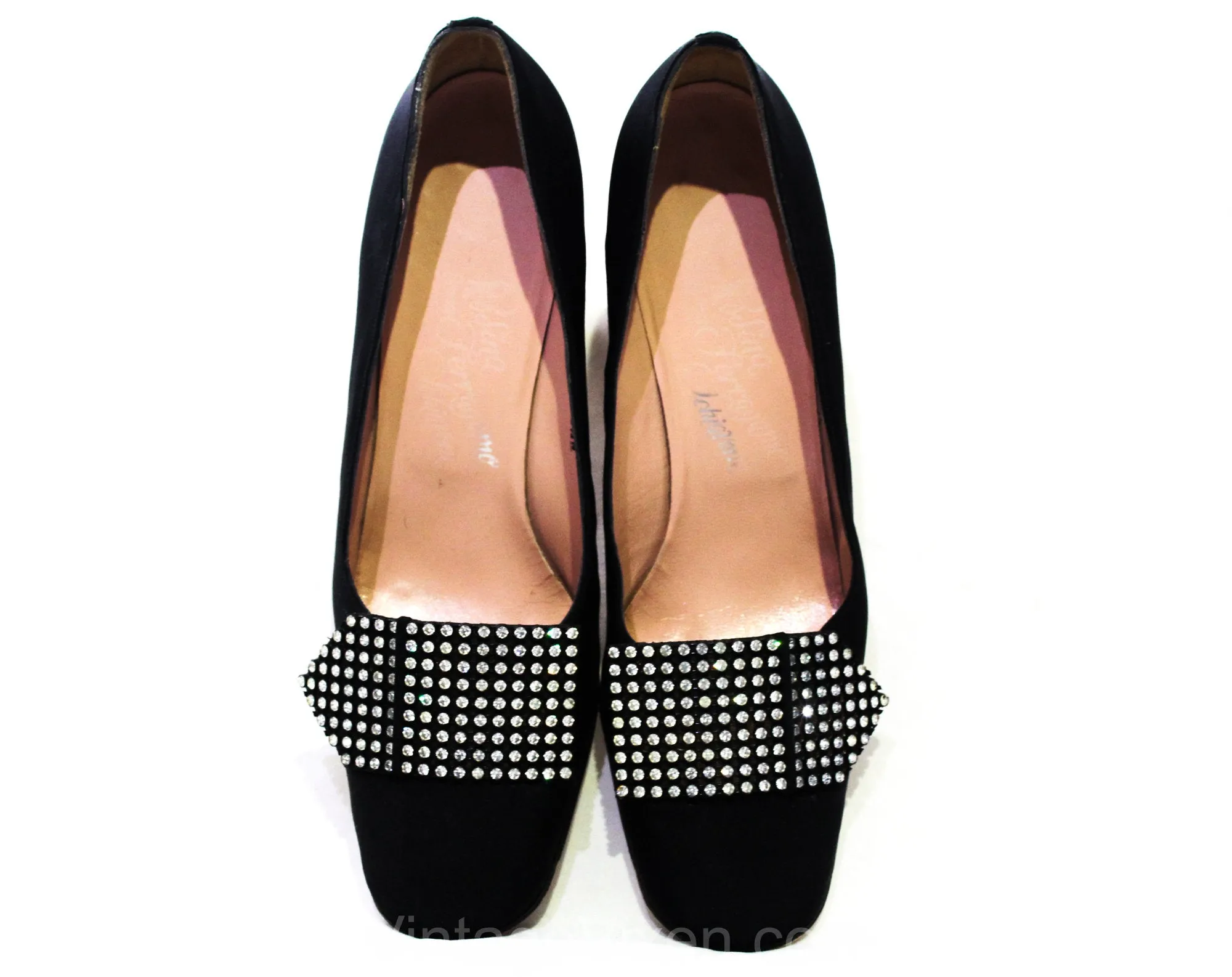 Size 8.5 Black Diva Shoes with Bold Rhinestone Bands - Gorgeous 1960s 70s Cocktail Pumps by Designer Rosina Ferragamo Schiavone - 8 1/2 N