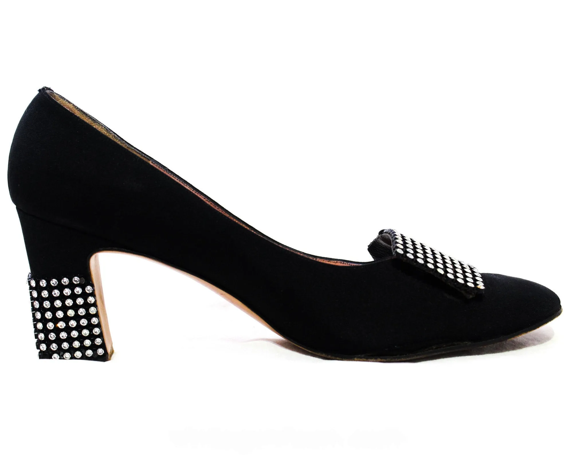 Size 8.5 Black Diva Shoes with Bold Rhinestone Bands - Gorgeous 1960s 70s Cocktail Pumps by Designer Rosina Ferragamo Schiavone - 8 1/2 N