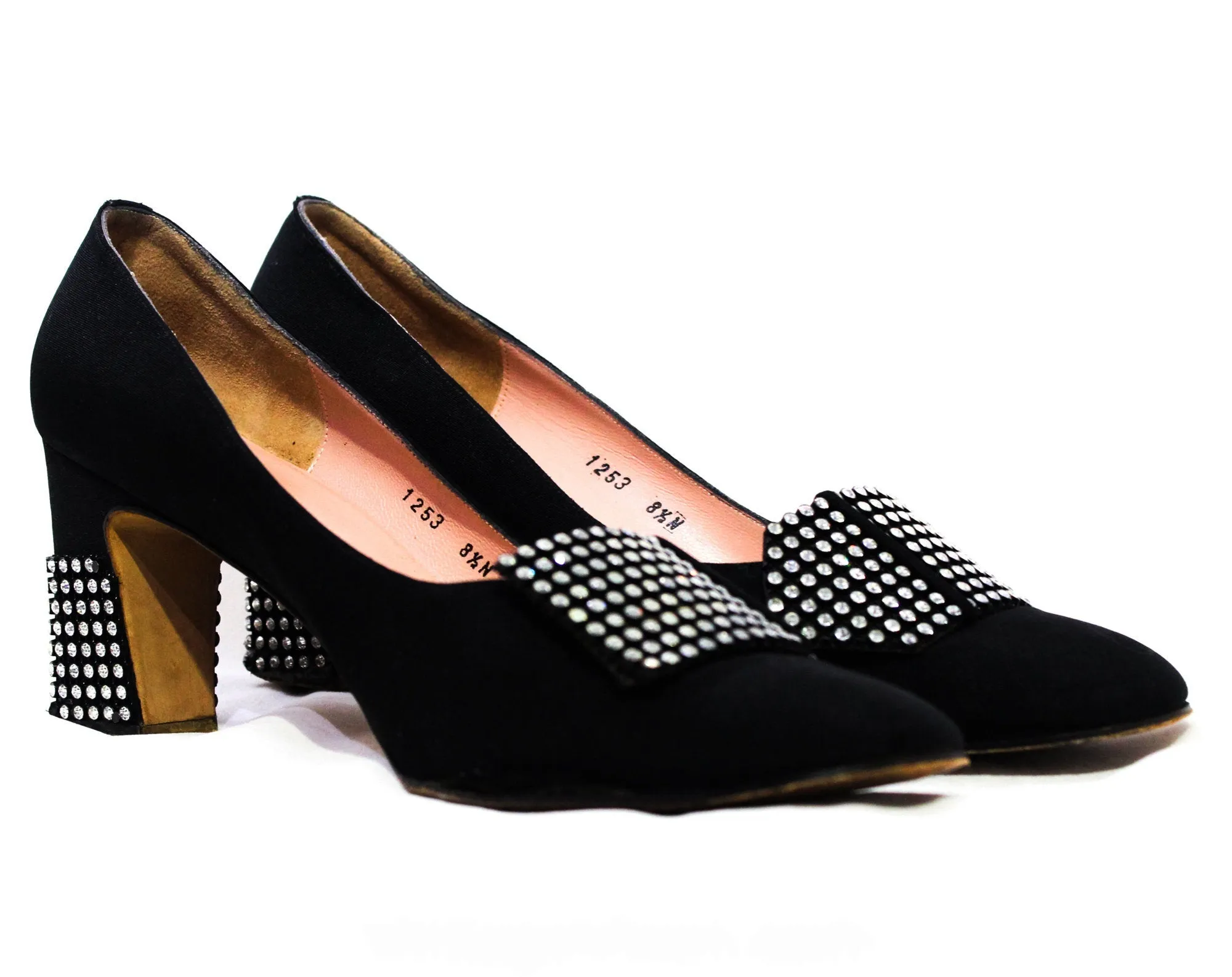 Size 8.5 Black Diva Shoes with Bold Rhinestone Bands - Gorgeous 1960s 70s Cocktail Pumps by Designer Rosina Ferragamo Schiavone - 8 1/2 N