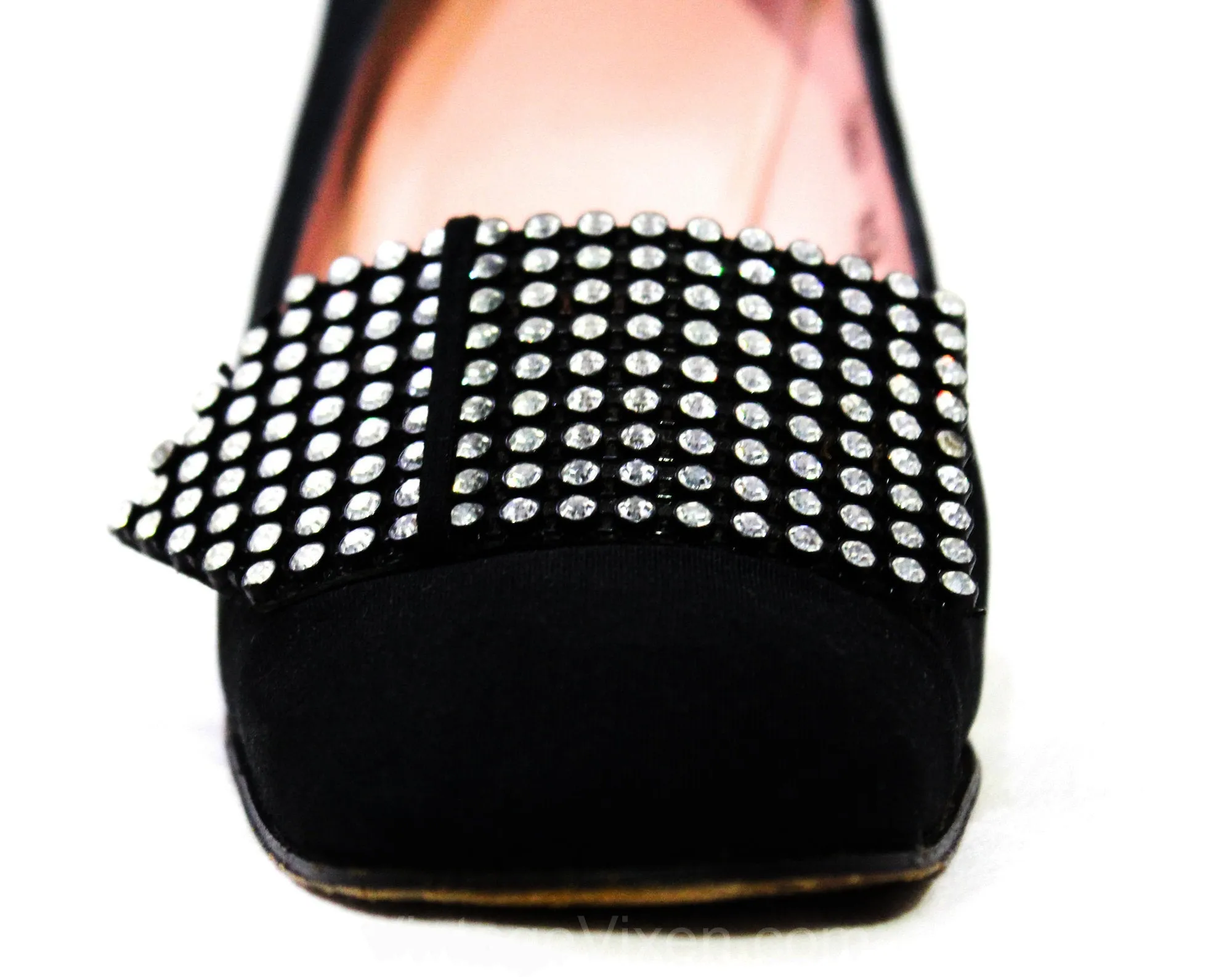 Size 8.5 Black Diva Shoes with Bold Rhinestone Bands - Gorgeous 1960s 70s Cocktail Pumps by Designer Rosina Ferragamo Schiavone - 8 1/2 N