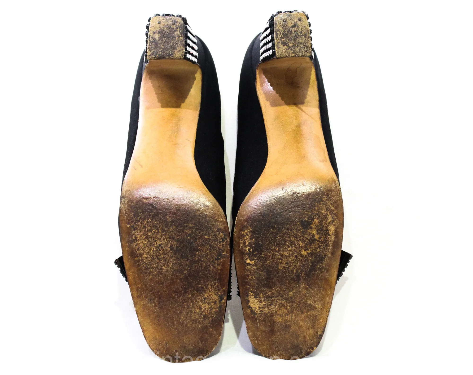Size 8.5 Black Diva Shoes with Bold Rhinestone Bands - Gorgeous 1960s 70s Cocktail Pumps by Designer Rosina Ferragamo Schiavone - 8 1/2 N
