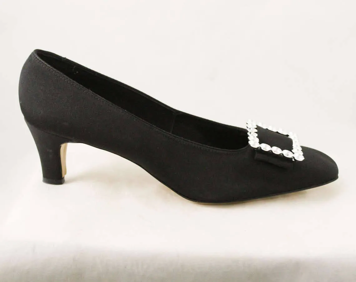 Size 8.5 Black Shoes - Chic 1960s Audrey Style Cocktail Pumps with Diamante Silver Buckles - Unworn 8 1/2 M Shoe - 60s Evening NOS Deadstock