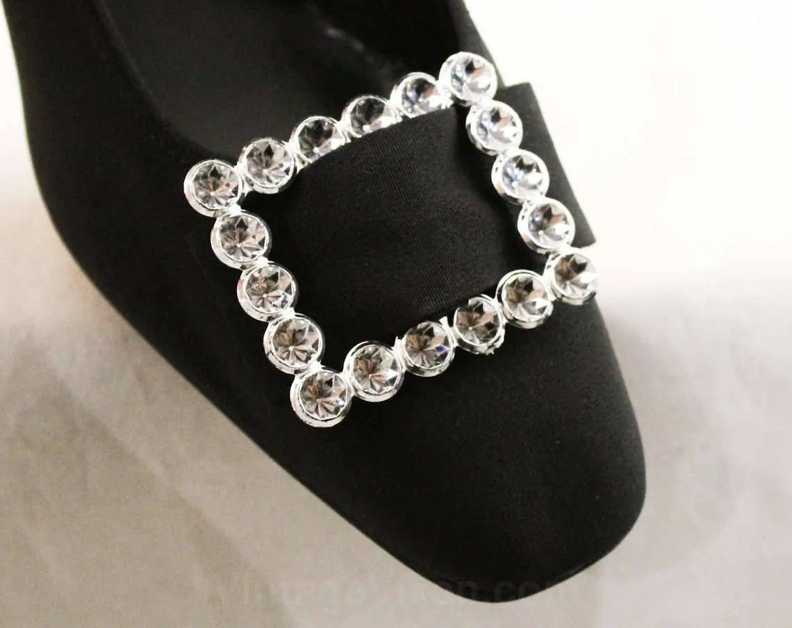 Size 8.5 Black Shoes - Chic 1960s Audrey Style Cocktail Pumps with Diamante Silver Buckles - Unworn 8 1/2 M Shoe - 60s Evening NOS Deadstock