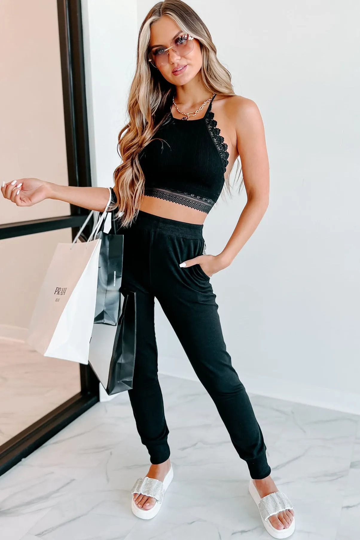 That Blinged Out Babe Knit Rhinestone Trim Joggers (Black)