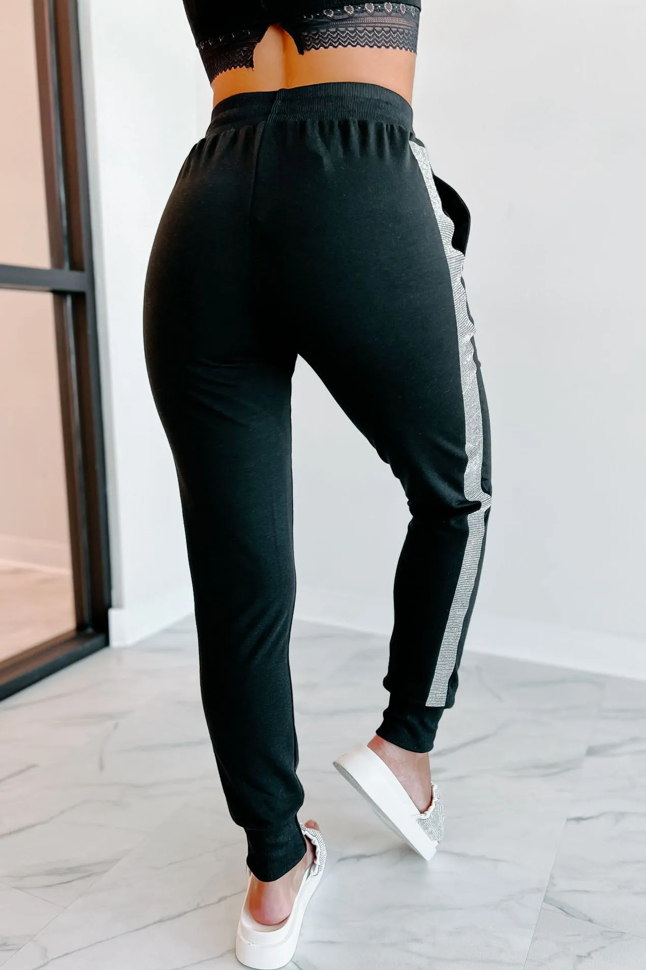 That Blinged Out Babe Knit Rhinestone Trim Joggers (Black)