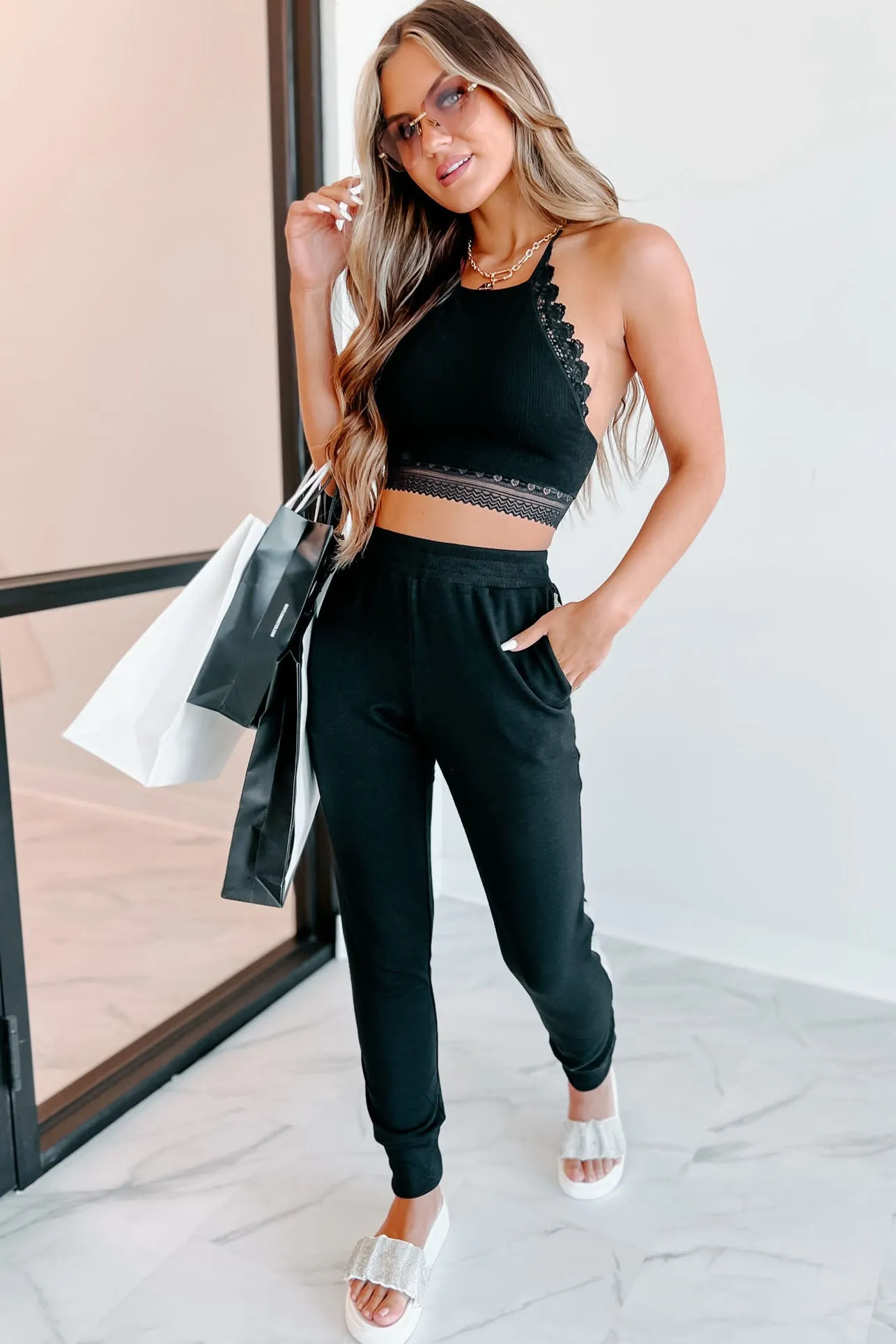 That Blinged Out Babe Knit Rhinestone Trim Joggers (Black)