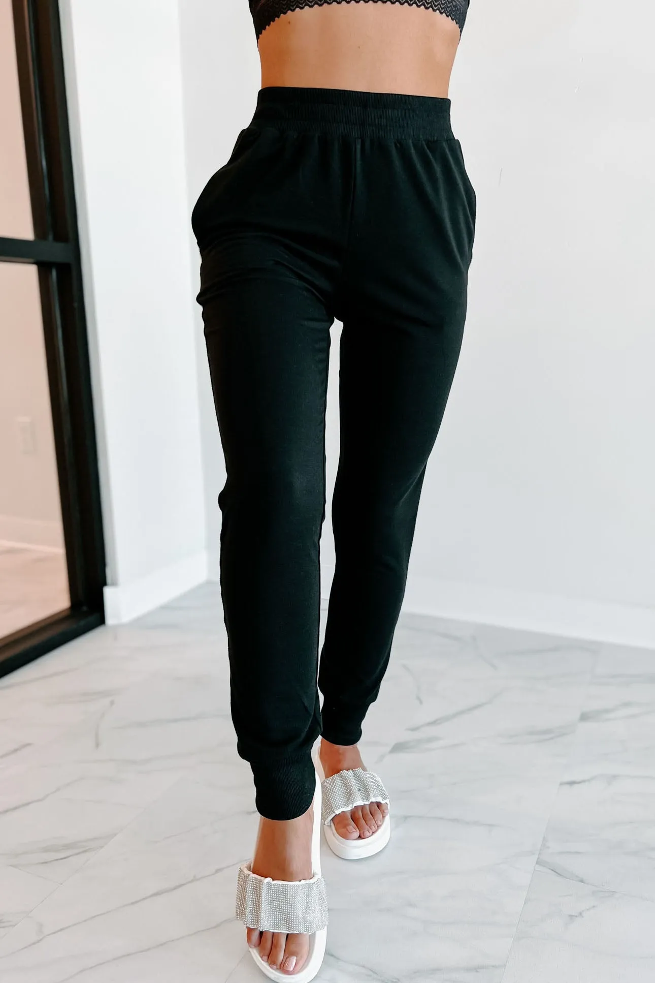 That Blinged Out Babe Knit Rhinestone Trim Joggers (Black)