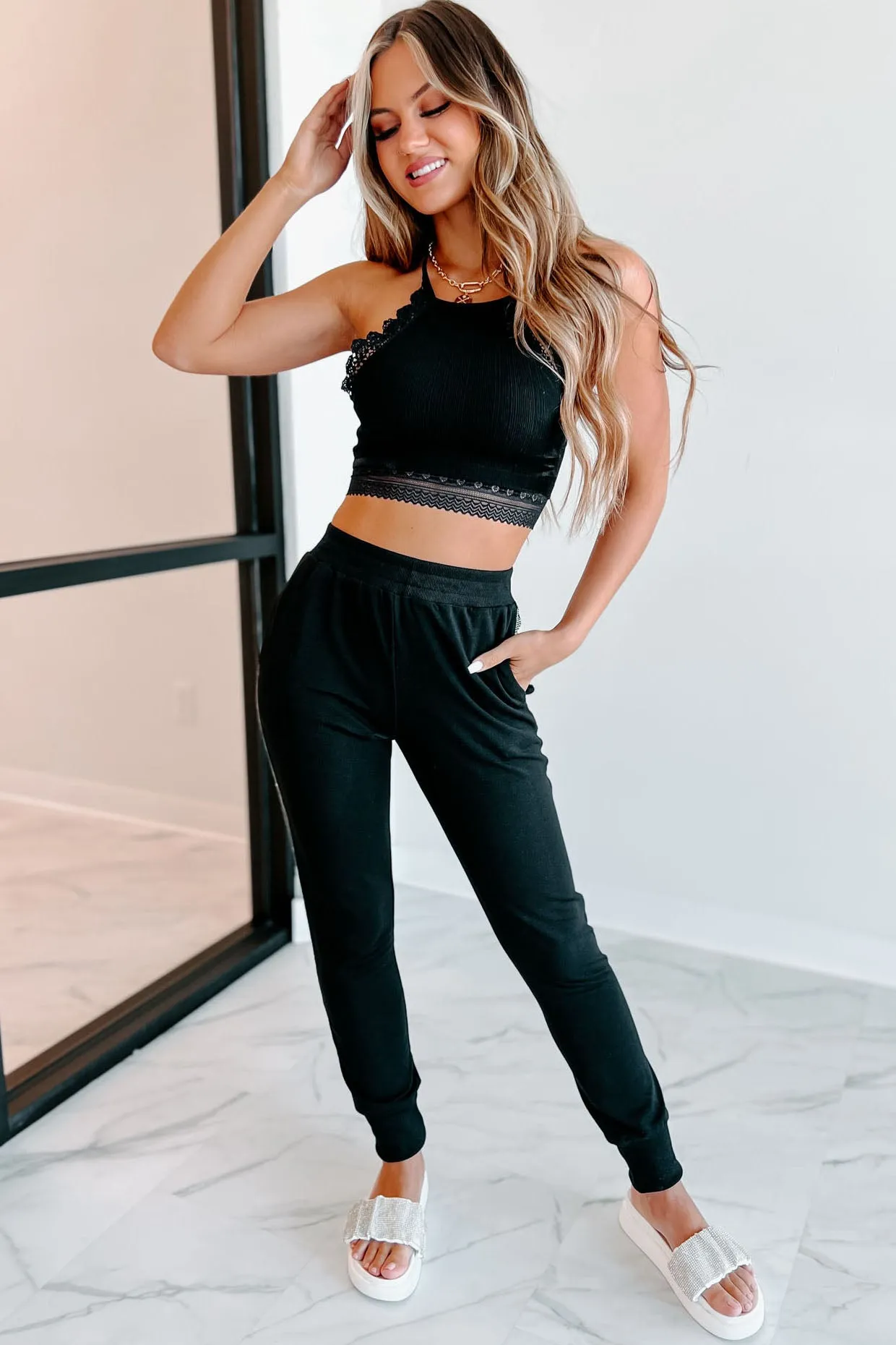 That Blinged Out Babe Knit Rhinestone Trim Joggers (Black)