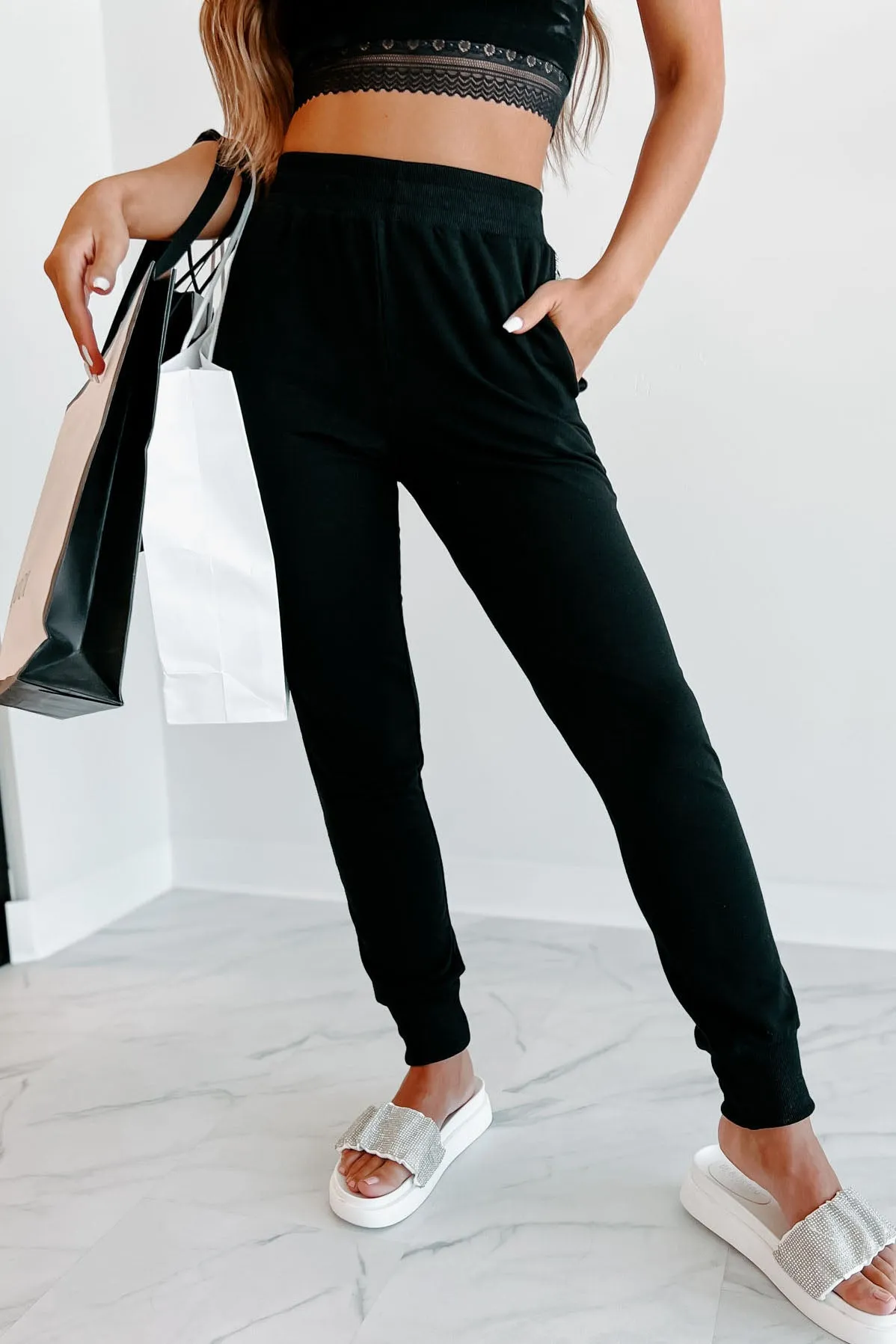 That Blinged Out Babe Knit Rhinestone Trim Joggers (Black)