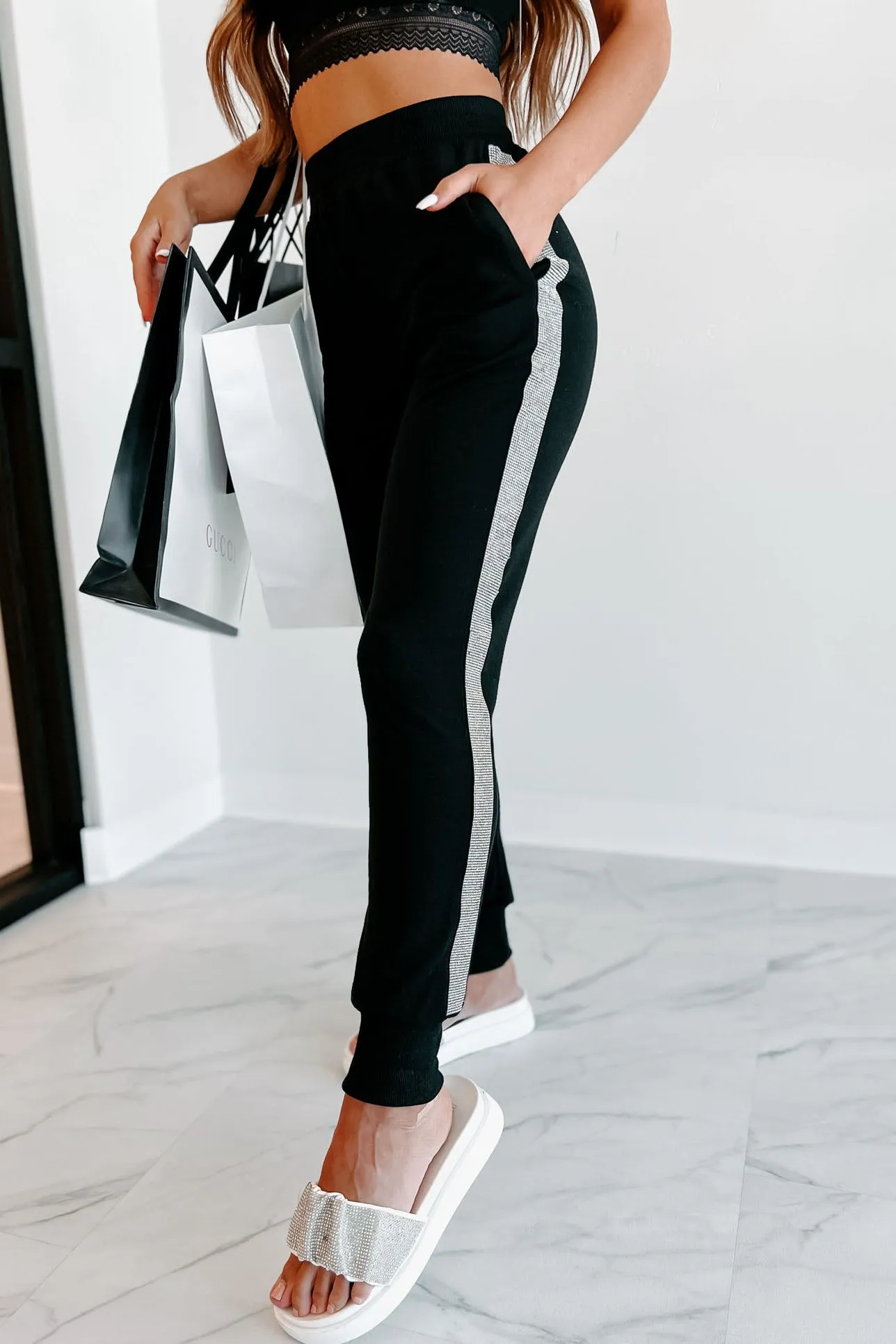 That Blinged Out Babe Knit Rhinestone Trim Joggers (Black)