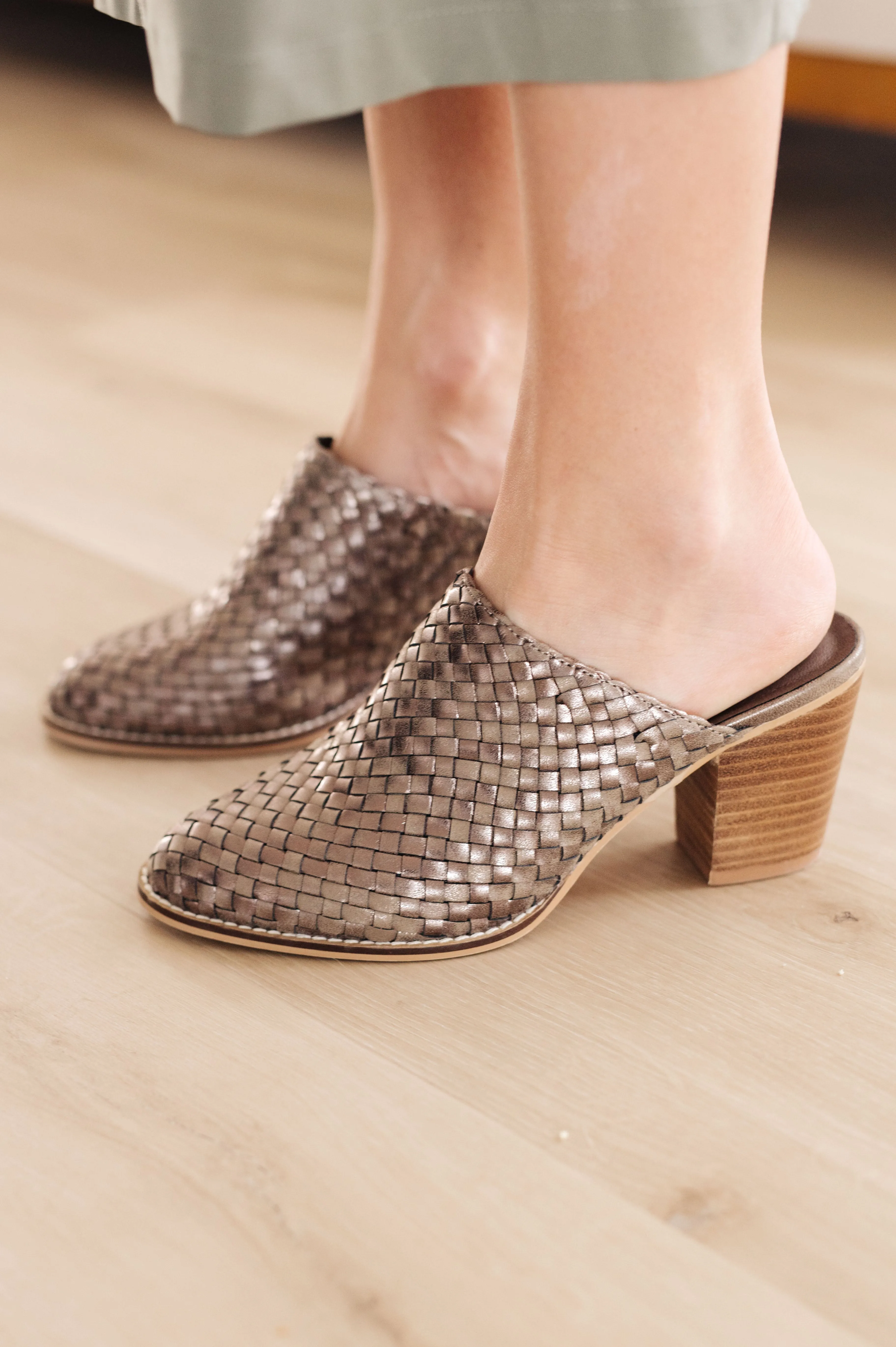 Walk With Me Bronze Vegan Leather Woven Mules