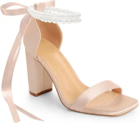 White Block High Heels for Women - Pearl Square Open Toe Chunky Bow Heels - Wedding Bridal Shoes for Prom Party Dress