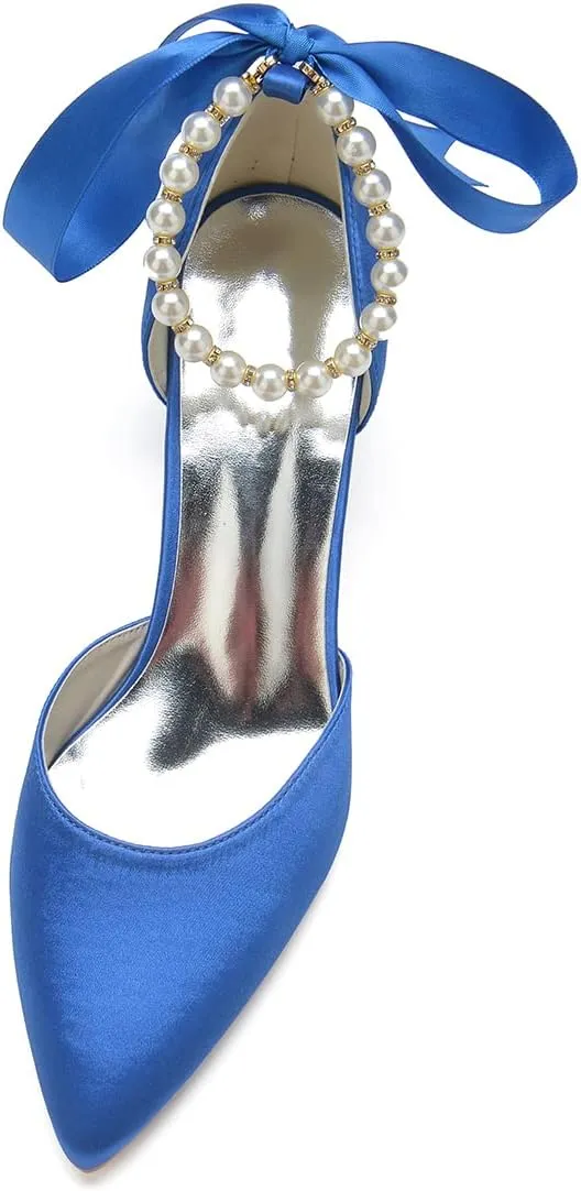 Women's Block Heel Closed Toe Chunky Pumps Dress Wedding Shoes with Pearls Ankle Strap Evening Party Shoes