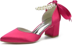 Women's Block Heel Closed Toe Chunky Pumps Dress Wedding Shoes with Pearls Ankle Strap Evening Party Shoes