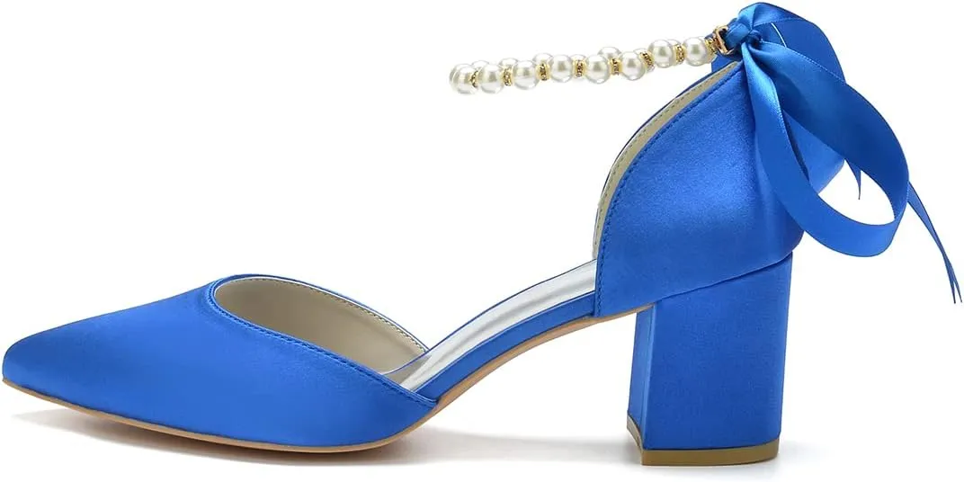 Women's Block Heel Closed Toe Chunky Pumps Dress Wedding Shoes with Pearls Ankle Strap Evening Party Shoes
