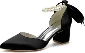 Women's Block Heel Closed Toe Chunky Pumps Dress Wedding Shoes with Pearls Ankle Strap Evening Party Shoes