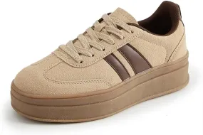 Women's Chunky Platform Sneakers - Retro Vintage Leather Casual Tennis Shoes- Thick Rubber Gum Sole Low Top Lace-Up Classic Walking Shoes