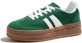 Women's Chunky Platform Sneakers - Retro Vintage Leather Casual Tennis Shoes- Thick Rubber Gum Sole Low Top Lace-Up Classic Walking Shoes