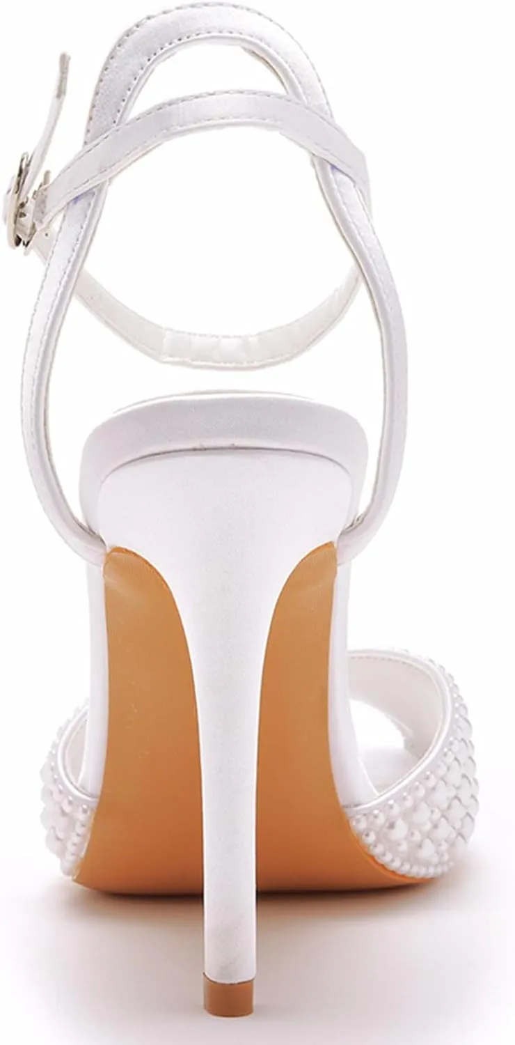 Women's High Heels, 10 Cm White Bridal Shoes Pearl Sandals Wedding Dress Pumps Comfortable Fish Mouth Stiletto Heels Party Banquet Shoes,US8,White