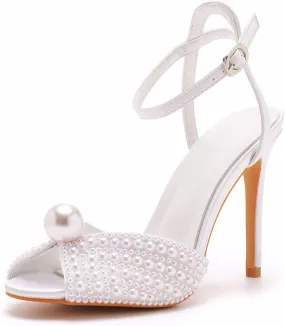 Women's High Heels, 10 Cm White Bridal Shoes Pearl Sandals Wedding Dress Pumps Comfortable Fish Mouth Stiletto Heels Party Banquet Shoes,US8,White