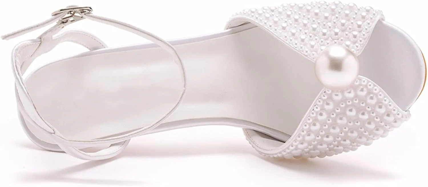 Women's High Heels, 10 Cm White Bridal Shoes Pearl Sandals Wedding Dress Pumps Comfortable Fish Mouth Stiletto Heels Party Banquet Shoes,US8,White