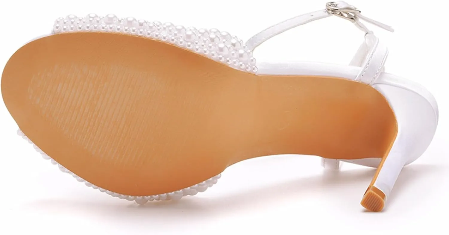 Women's High Heels, 10 Cm White Bridal Shoes Pearl Sandals Wedding Dress Pumps Comfortable Fish Mouth Stiletto Heels Party Banquet Shoes,US8,White