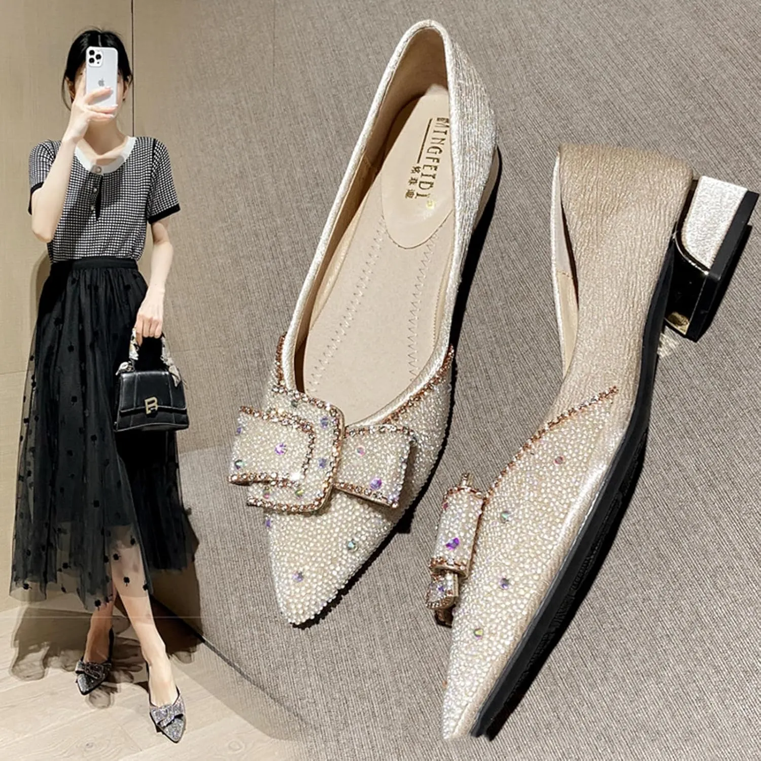 Women's Rhinestone Chunky Low Heel Pumps with Cute Bowknot Fashion Classic Glittering Pointed Toe Slip On Work Pumps Loafers Wedding Party Business Dress Shoes