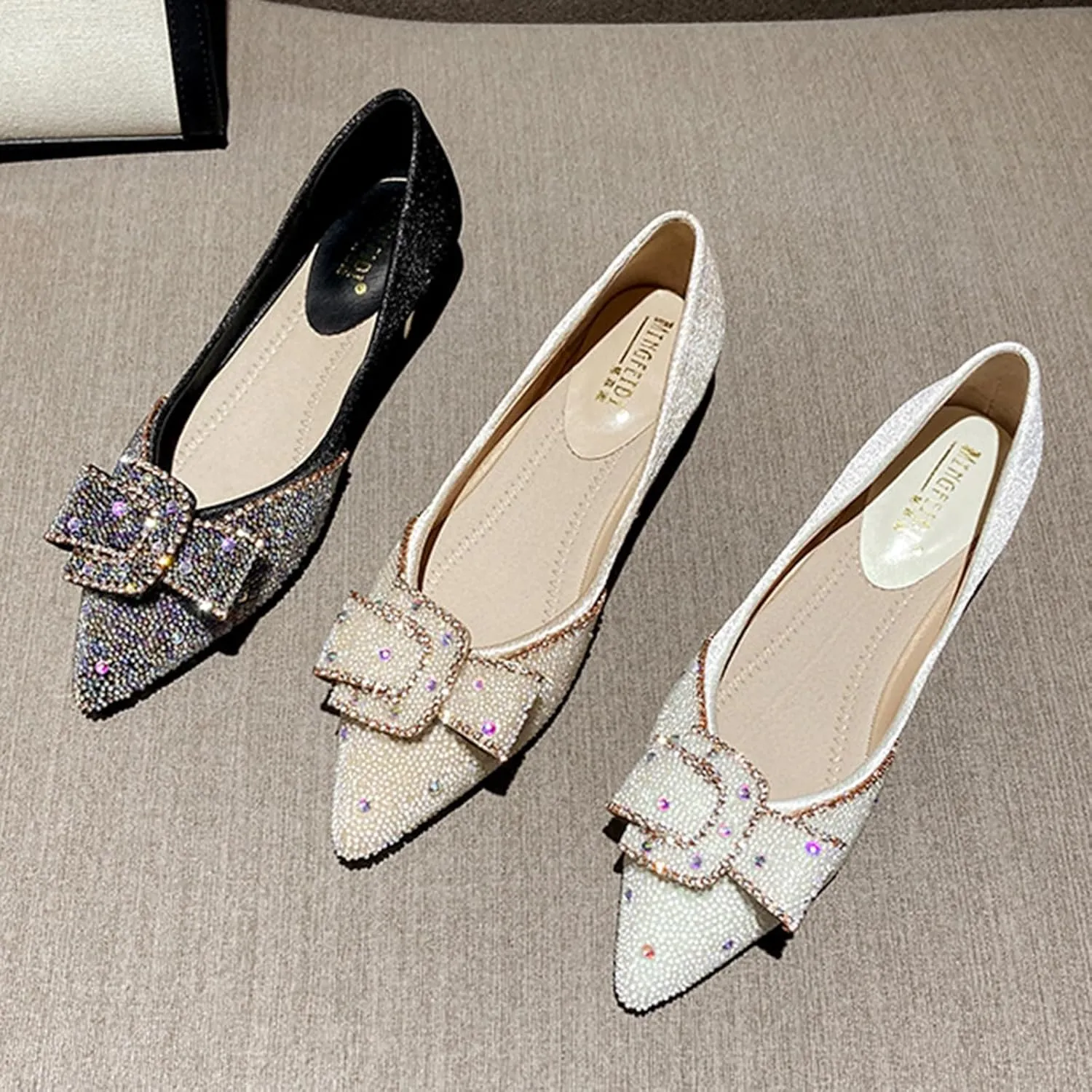 Women's Rhinestone Chunky Low Heel Pumps with Cute Bowknot Fashion Classic Glittering Pointed Toe Slip On Work Pumps Loafers Wedding Party Business Dress Shoes