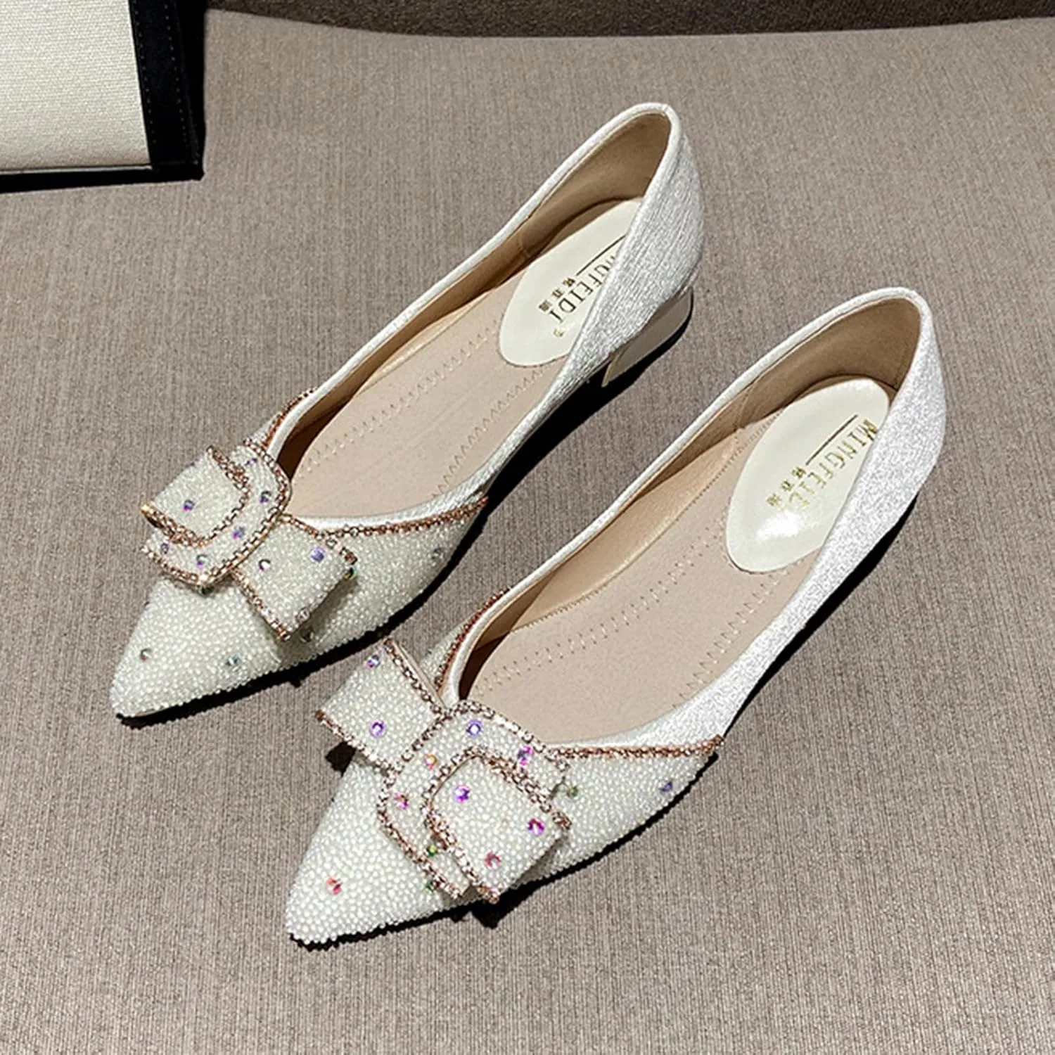 Women's Rhinestone Chunky Low Heel Pumps with Cute Bowknot Fashion Classic Glittering Pointed Toe Slip On Work Pumps Loafers Wedding Party Business Dress Shoes