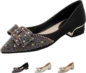 Women's Rhinestone Chunky Low Heel Pumps with Cute Bowknot Fashion Classic Glittering Pointed Toe Slip On Work Pumps Loafers Wedding Party Business Dress Shoes