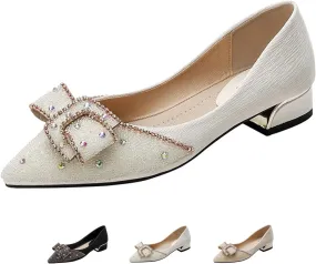 Women's Rhinestone Chunky Low Heel Pumps with Cute Bowknot Fashion Classic Glittering Pointed Toe Slip On Work Pumps Loafers Wedding Party Business Dress Shoes